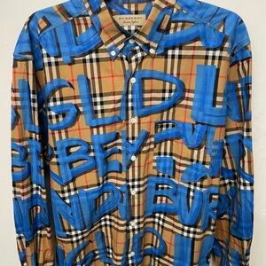 Burberry London Mens Graffiti Plaid Button Down Long Sleeve Shirt Size XL Rare
